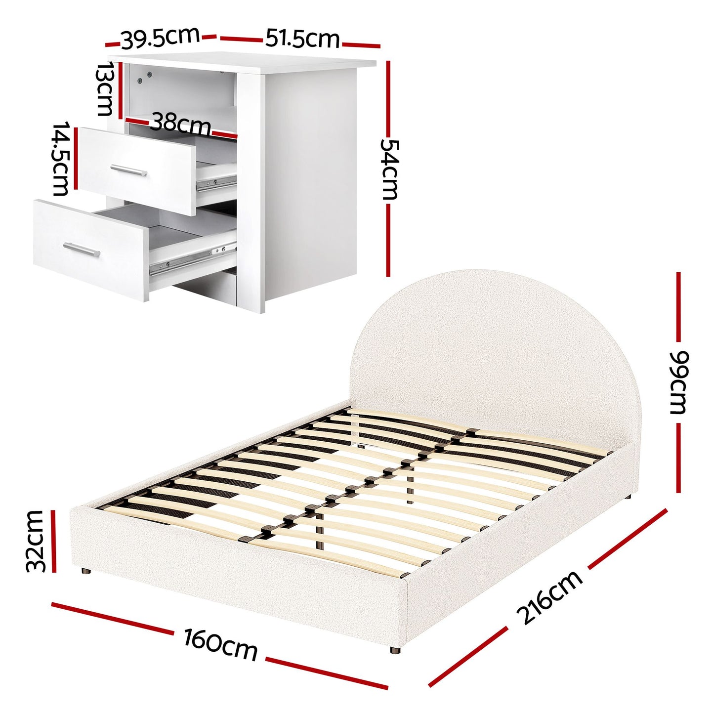 Artiss Queen Bed Frame with Storage and Bedside Table Set Boucle Fabric Gas Lift Bed Base 2-Drawer Nightstand