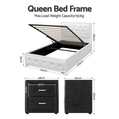 Artiss King Single Bed Frame Storage White Leather Gas Lift Bed Black Bedside Table Set