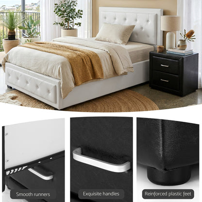 Artiss King Single Bed Frame Storage White Leather Gas Lift Bed Black Bedside Table Set