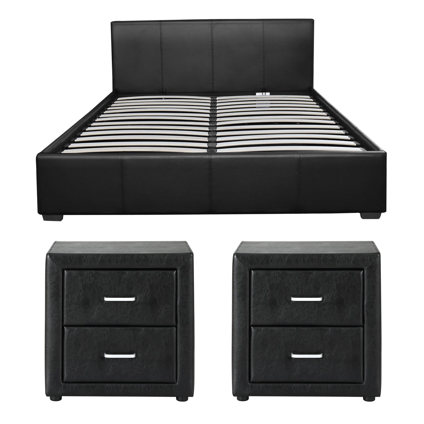 Artiss Gas Lift Queen Bed Frame and 2 Bedside Table Set Leather Black