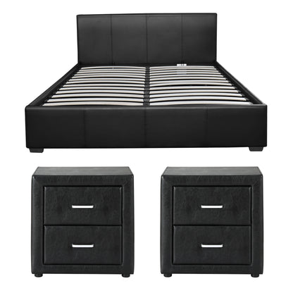 Artiss Gas Lift Queen Bed Frame and 2 Bedside Table Set Leather Black