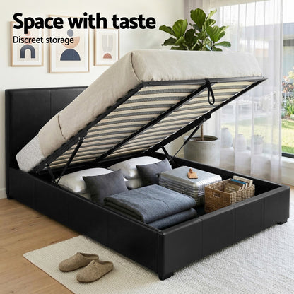 Artiss Gas Lift Queen Bed Frame and 2 Bedside Table Set Leather Black