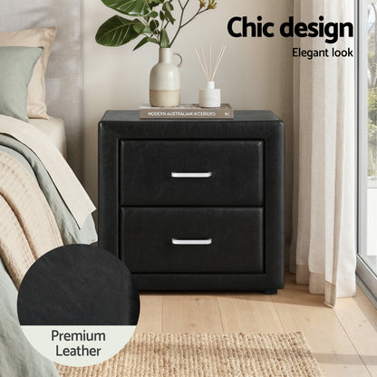 Artiss Gas Lift Queen Bed Frame and 2 Bedside Table Set Leather Black