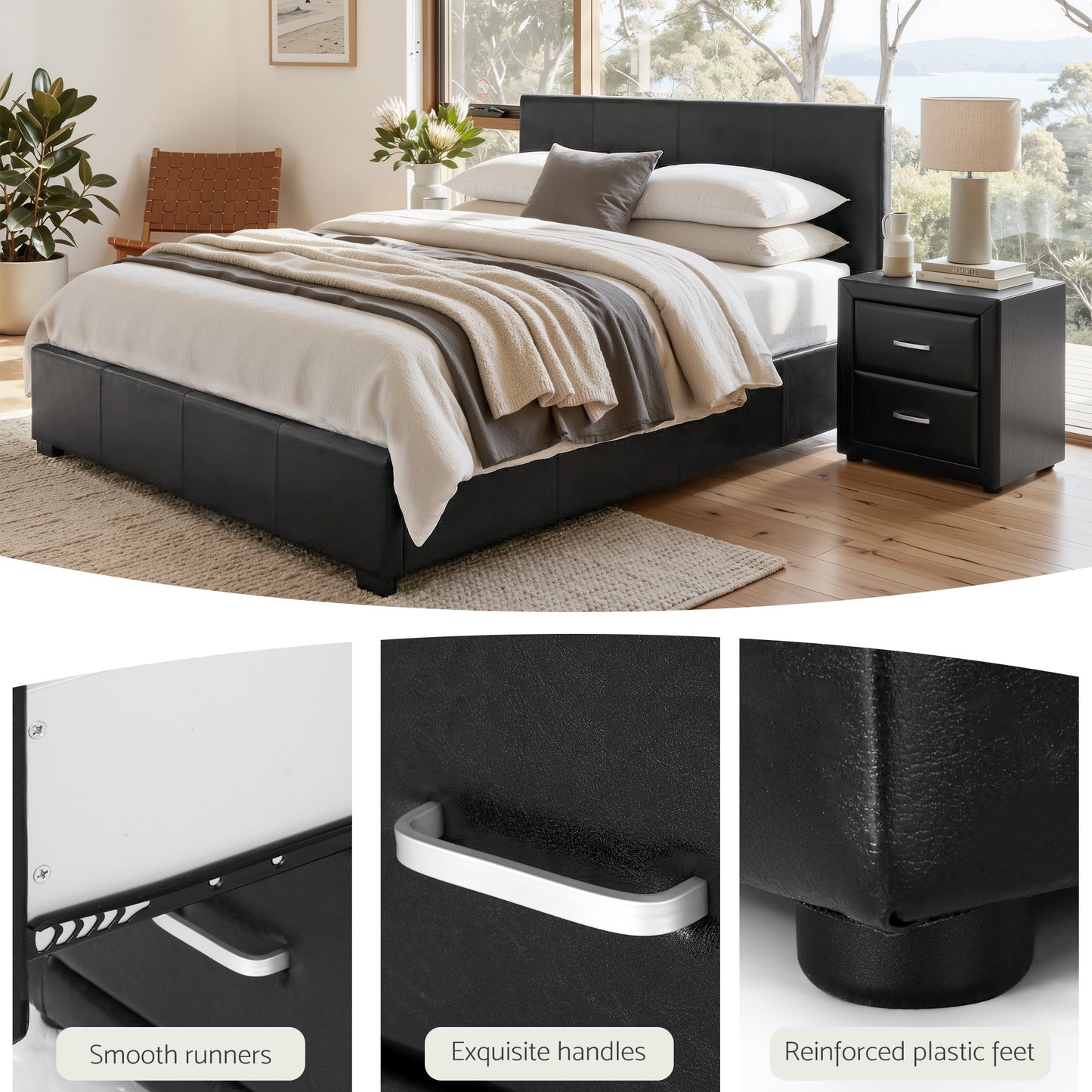 Artiss Gas Lift Queen Bed Frame and 2 Bedside Table Set Leather Black