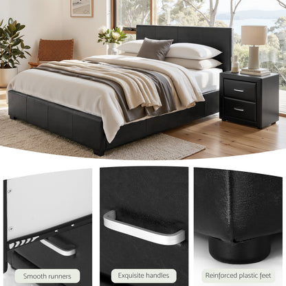 Artiss Gas Lift Queen Bed Frame and 2 Bedside Table Set Leather Black