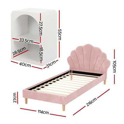 Artiss Bed Frame King Single with 2 Bedside Tables Set Scallop Headboard Pink Velvet Fabric Beds Base
