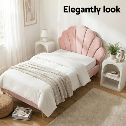 Artiss Bed Frame King Single with 2 Bedside Tables Set Scallop Headboard Pink Velvet Fabric Beds Base
