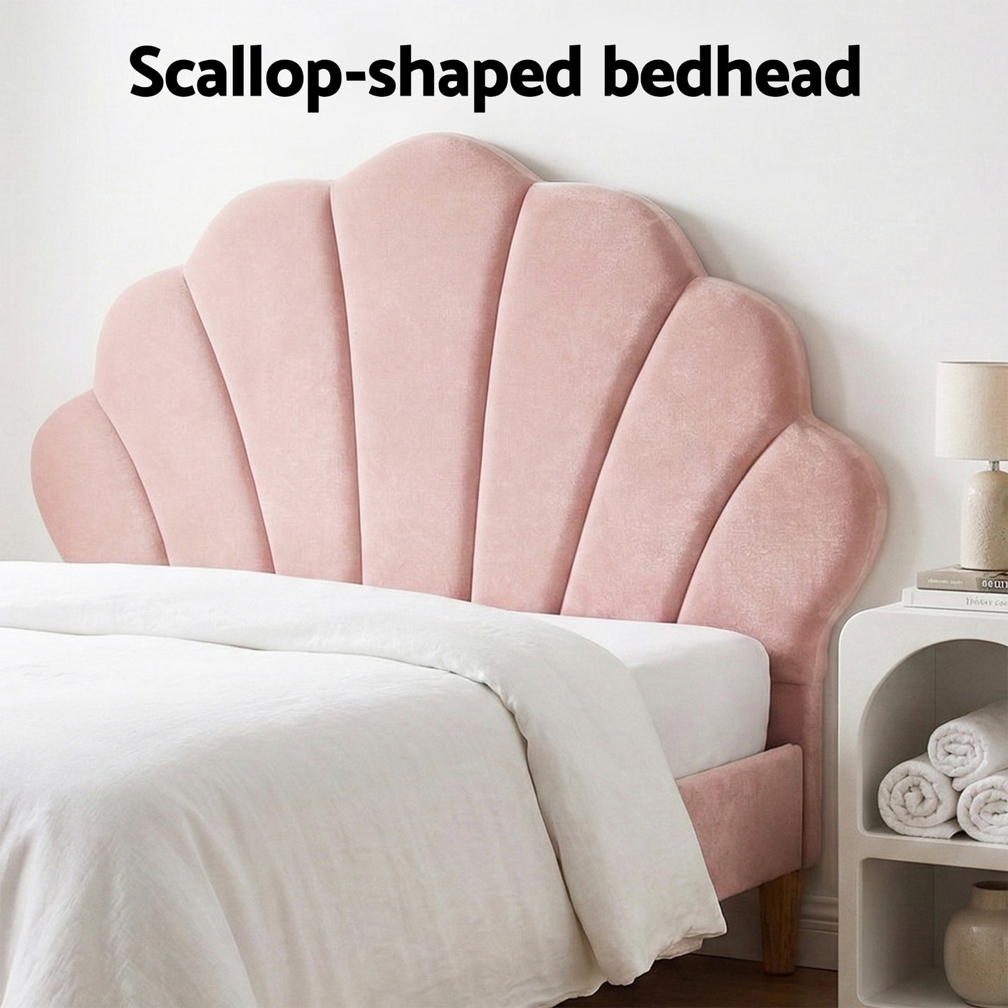 Artiss Bed Frame King Single with 2 Bedside Tables Set Scallop Headboard Pink Velvet Fabric Beds Base