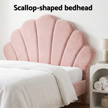 Artiss Bed Frame King Single with 2 Bedside Tables Set Scallop Headboard Pink Velvet Fabric Beds Base