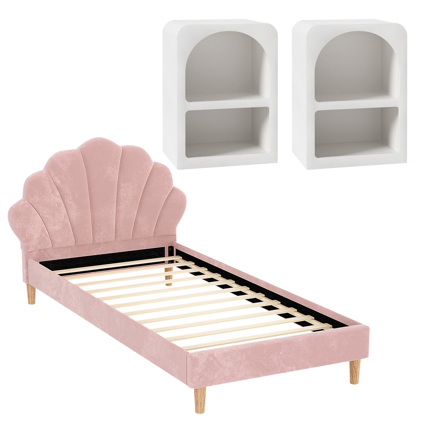 Artiss Bed Frame King Single with 2 Bedside Tables Set Scallop Headboard Pink Velvet Fabric Beds Base