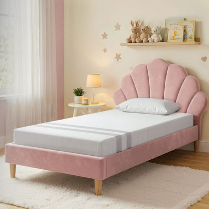 Artiss King Single Bed Frame BedStory Mattress Set Pink Velvet Scallop Bedhead with 20cm Mattress