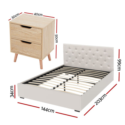 Artiss Double Bed Frame with Storage and Bedside Table Set Tufted Linen Gas Lift Bed Base and 2-Drawer Nightstand