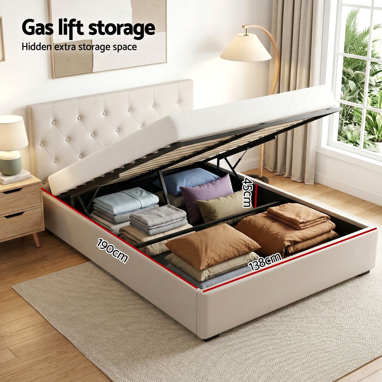Artiss Double Bed Frame with Storage and Bedside Table Set Tufted Linen Gas Lift Bed Base and 2-Drawer Nightstand
