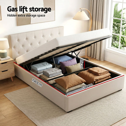 Artiss Double Bed Frame with Storage and Bedside Table Set Tufted Linen Gas Lift Bed Base and 2-Drawer Nightstand