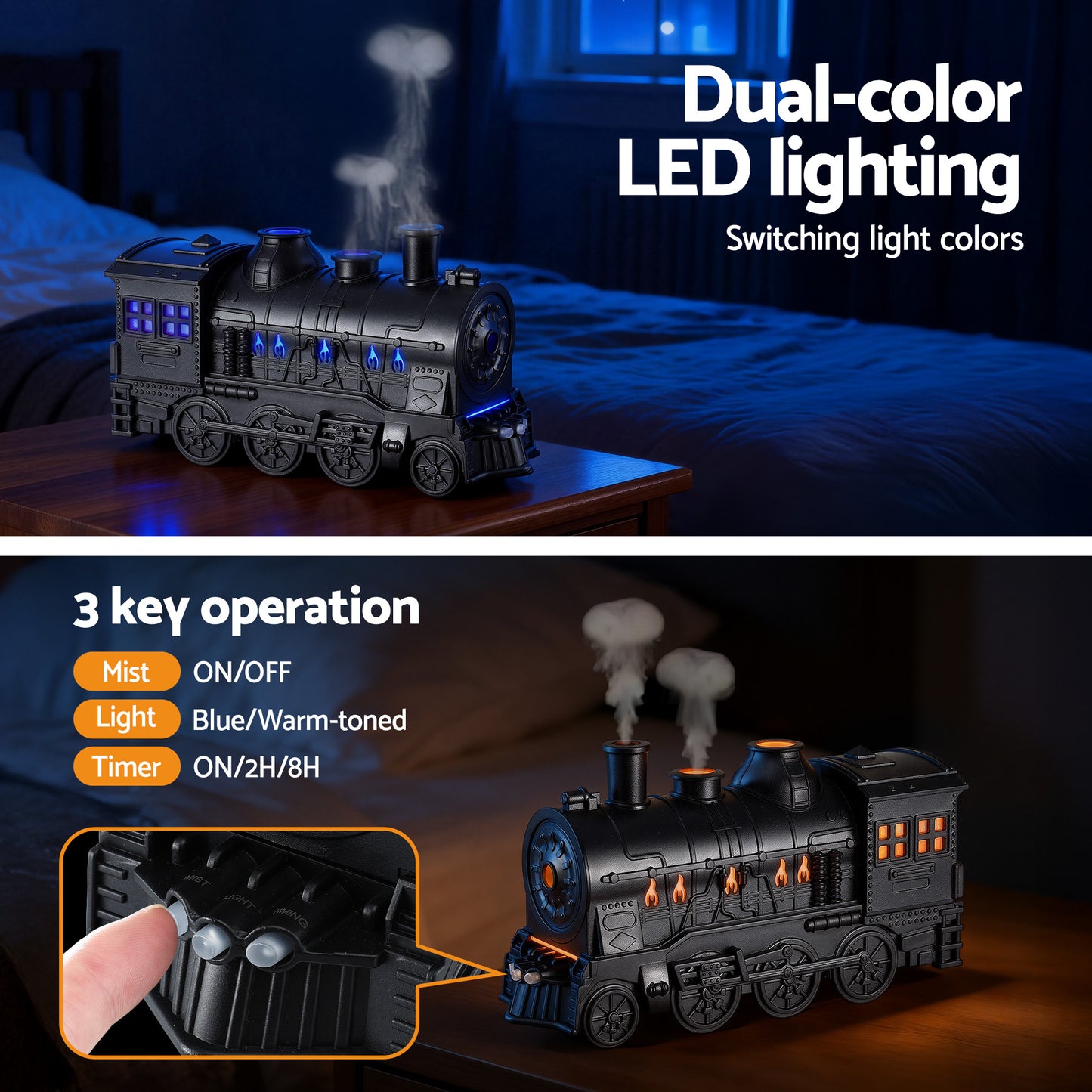 Devanti Train Aroma Diffuser Essential Oil Humidifier 300ml Smoke Ring LED Timer
