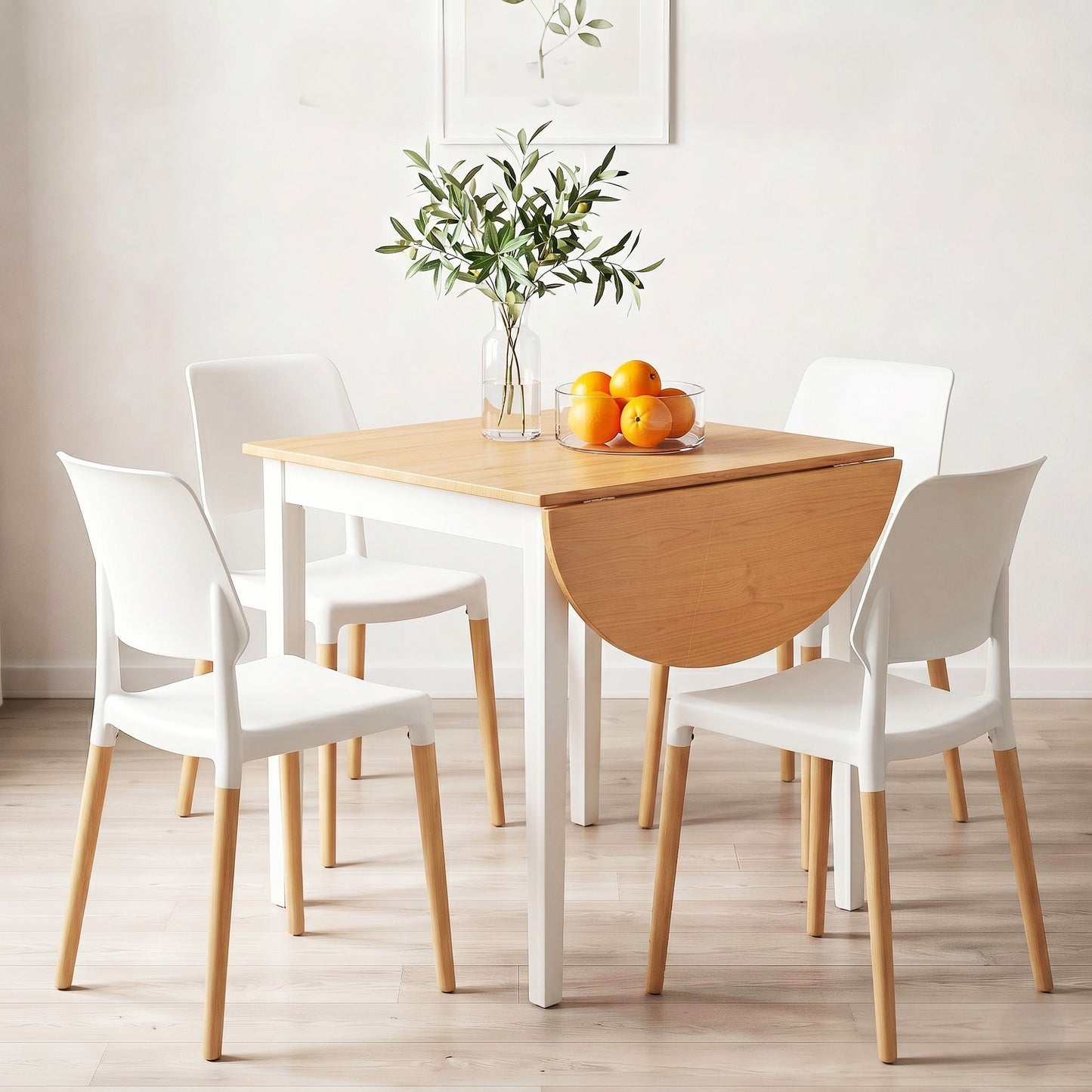 Artiss Dining Table and Chairs Set 5PCS, 75-110cm Drop-Leaf Table, with 4 Dining Chairs White Wooden, 4 Seater Dining Table Set for Kitchen, Apartment, Café