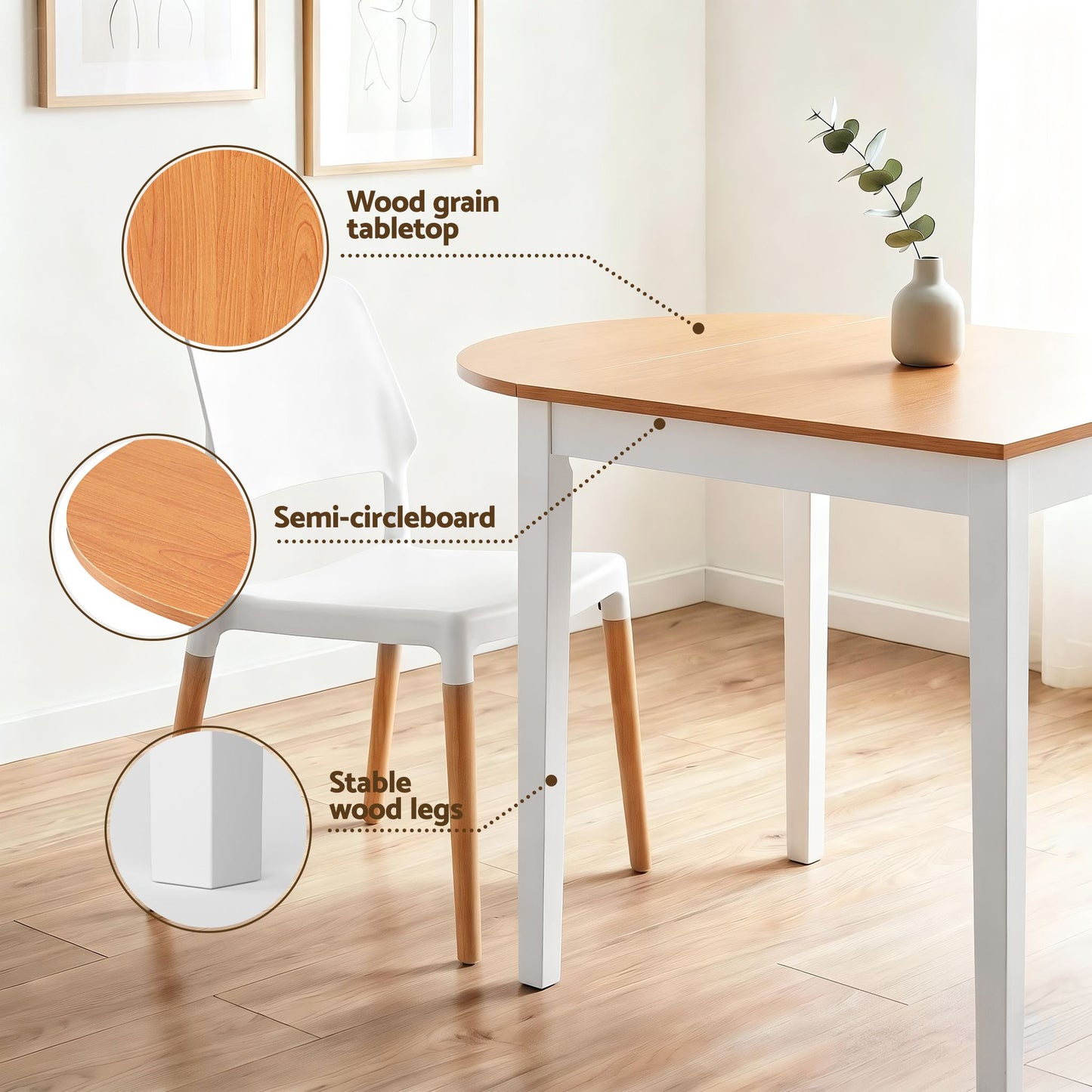 Artiss Dining Table and Chairs Set 5PCS, 75-110cm Drop-Leaf Table, with 4 Dining Chairs White Wooden, 4 Seater Dining Table Set for Kitchen, Apartment, Café