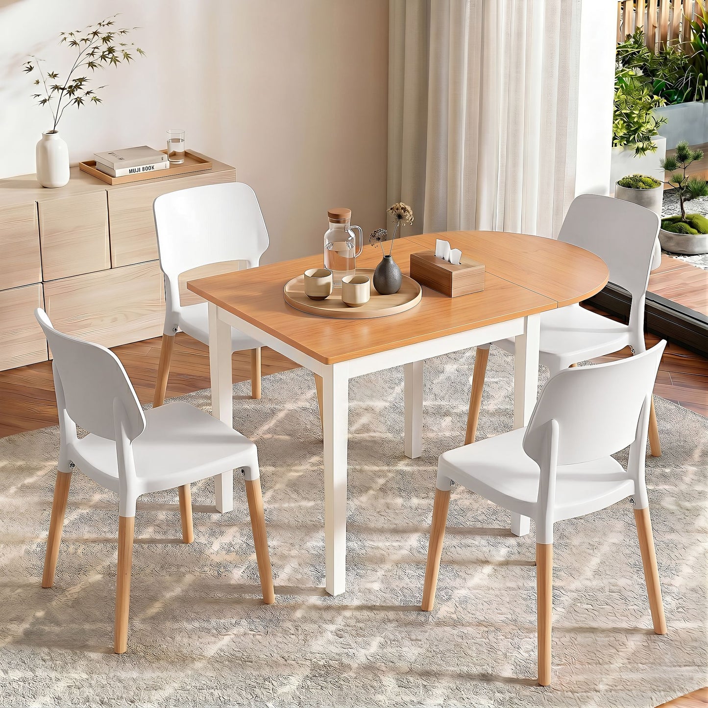 Artiss Dining Table and Chairs Set 5PCS, 75-110cm Drop-Leaf Table, with 4 Dining Chairs White Wooden, 4 Seater Dining Table Set for Kitchen, Apartment, Café