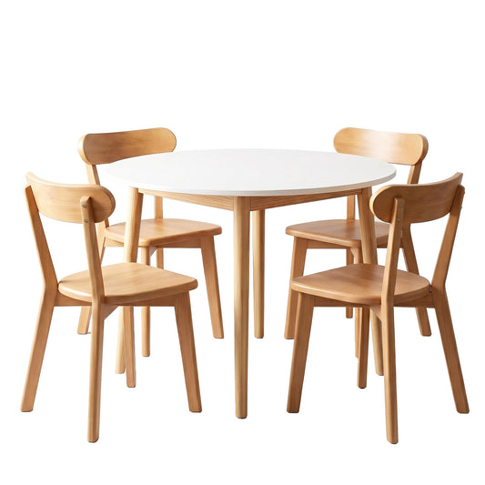 Artiss Round Dining Table and Chairs Set 5 PCS, 108cm Compact Kitchen Table Set with Solid Pine Wood Legs & 4 Ergonomic Rubber Wood Chairs,White Timber Dining Set for Small Space