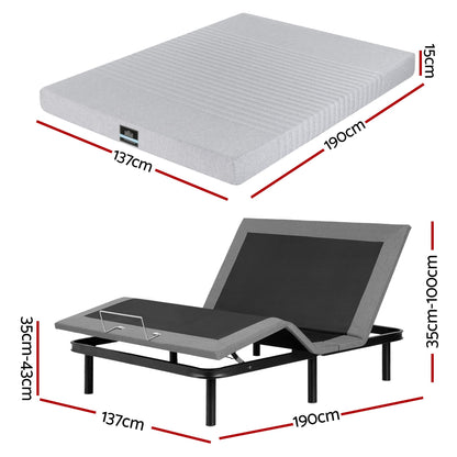 Artiss Double Bed Frame and Giselle Bedding Double Memory Foam Mattress Set, Electric Bed Base with Zero Gravity & 7 Zone Cooling Comfort for Back Pain Relief, Black & Grey,15cm Thickness