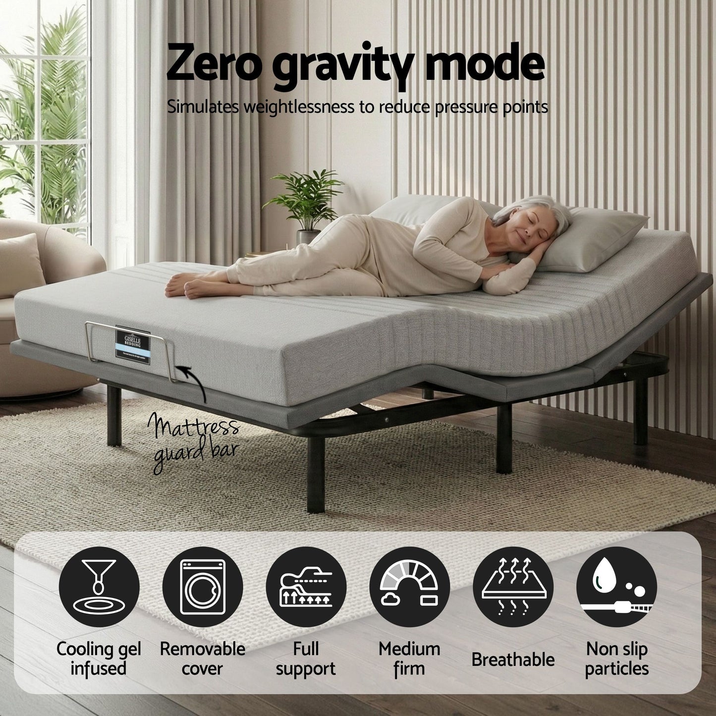 Artiss King Bed Frame and Giselle Bedding King Memory Foam Mattress Set, Electric Bed Base with Zero Gravity & 7 Zone Cooling Comfort for Back Pain Relief, Black & Grey, 15cm Thickness