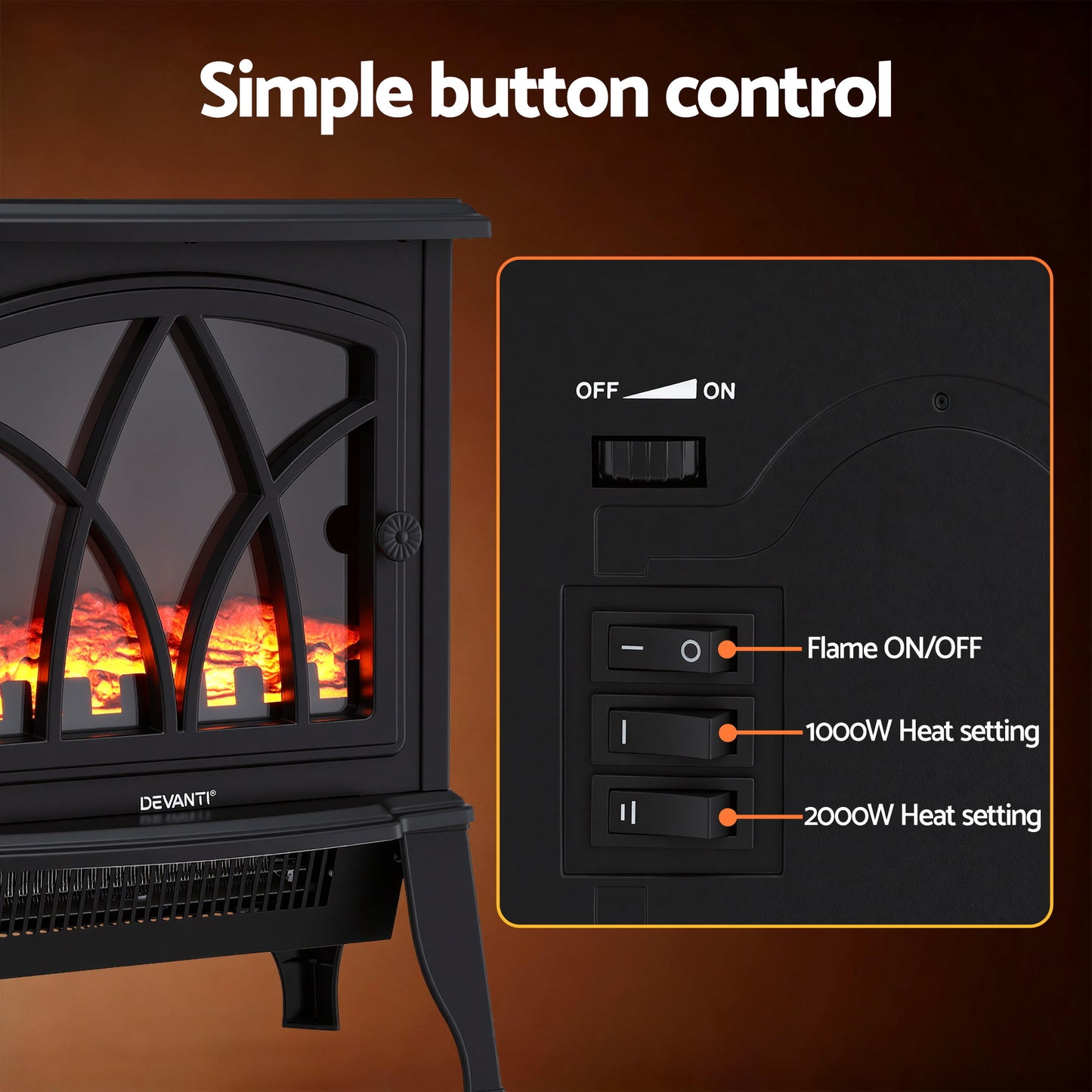 Devanti 2000W Electric Fireplace Heater Stove Freestanding 3D Flame Effect Indoor Space Heaters