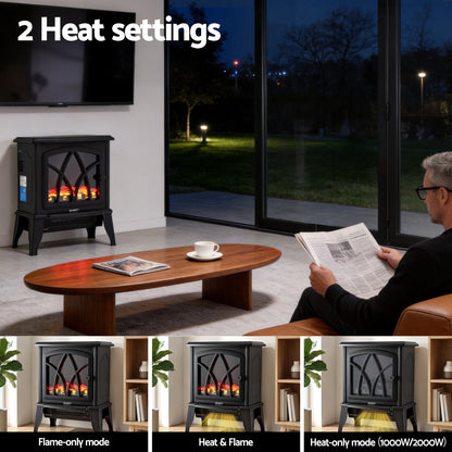 Devanti 2000W Electric Fireplace Heater Stove Freestanding 3D Flame Effect Indoor Space Heaters