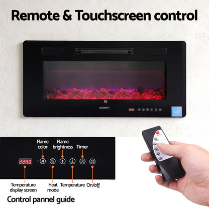 Devanti Electric Fireplace Fire Heater Wall Mounted Insert 3D Flame 1800W Remote Control