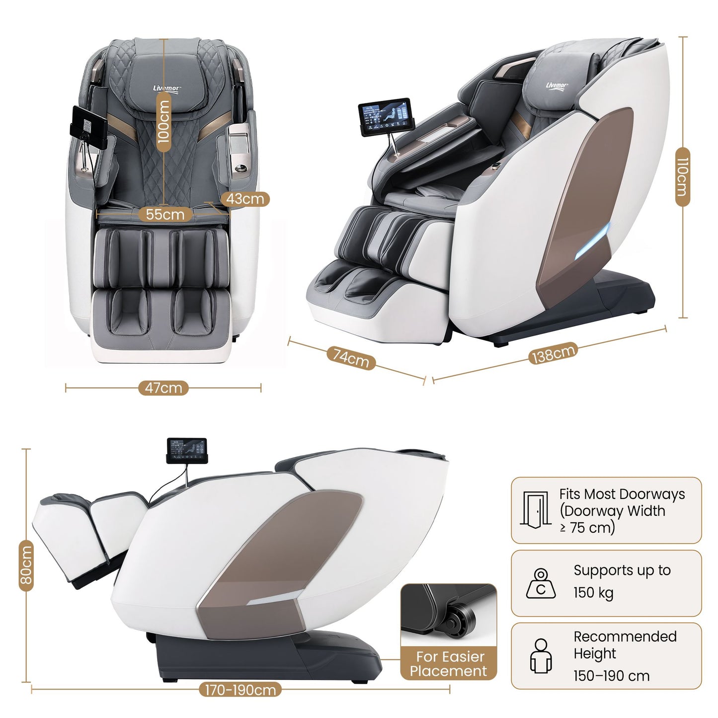 Livemor Prestige 4D Dual Mechanism Massage Chair, Full Body Zero Gravity Recliner with Extended SL Track, Body Scan, Air Compression, Waist Heating, Foot Rollers, Voice Control & Wireless Charging