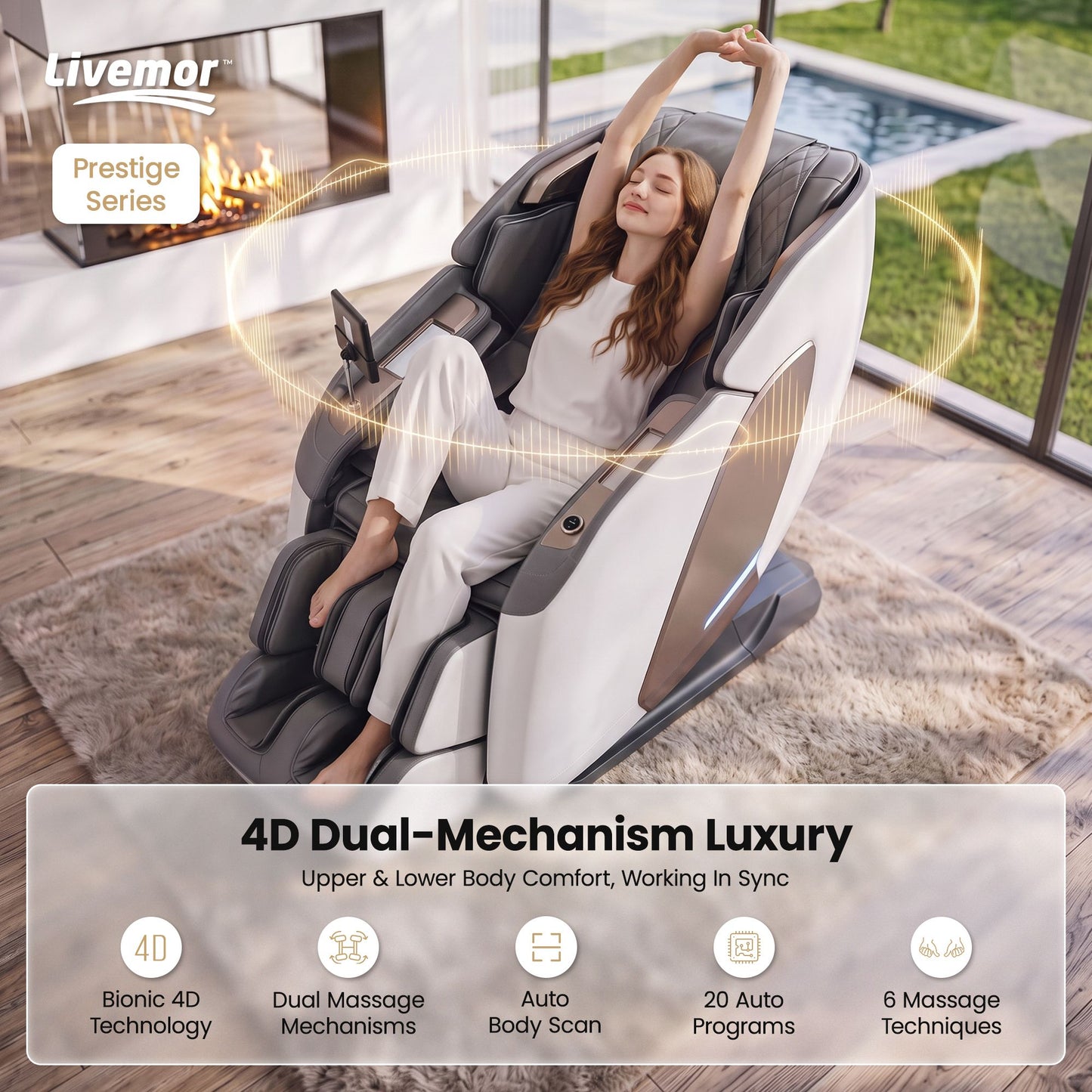 Livemor Prestige 4D Dual Mechanism Massage Chair, Full Body Zero Gravity Recliner with Extended SL Track, Body Scan, Air Compression, Waist Heating, Foot Rollers, Voice Control & Wireless Charging