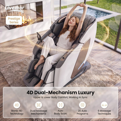 Livemor Prestige 4D Dual Mechanism Massage Chair, Full Body Zero Gravity Recliner with Extended SL Track, Body Scan, Air Compression, Waist Heating, Foot Rollers, Voice Control & Wireless Charging