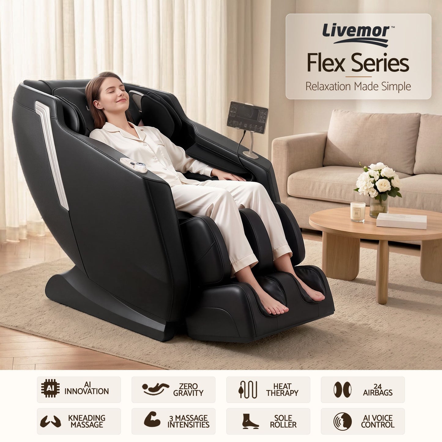 Livemor Flex Massage Chair Full Body with Heat Zero Gravity Recliner, 24 Airbags, Foot Massage, 6 Auto Programs, Voice Control, Bluetooth Speakers, Screen Control, Extendable Footrest
