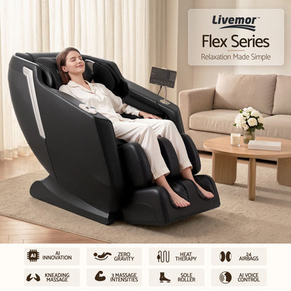 Livemor Flex Massage Chair Full Body with Heat Zero Gravity Recliner, 24 Airbags, Foot Massage, 6 Auto Programs, Voice Control, Bluetooth Speakers, Screen Control, Extendable Footrest
