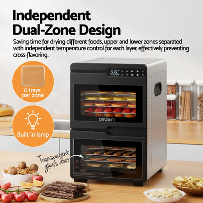 Devanti 12 Trays Food Dehydrator Dual-Zone Stainless Steel Fruit Jerky Dryer
