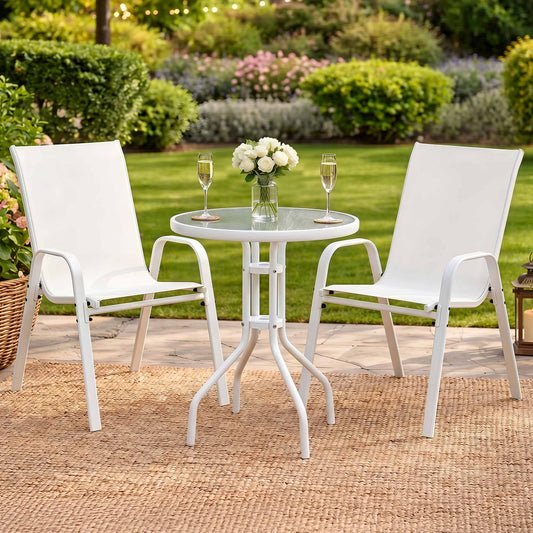 Gardeon 3PC Outdoor Bistro Set Table and Chairs Stackable Patio Furniture White