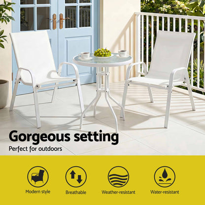 Gardeon 3PC Outdoor Bistro Set Table and Chairs Stackable Patio Furniture White