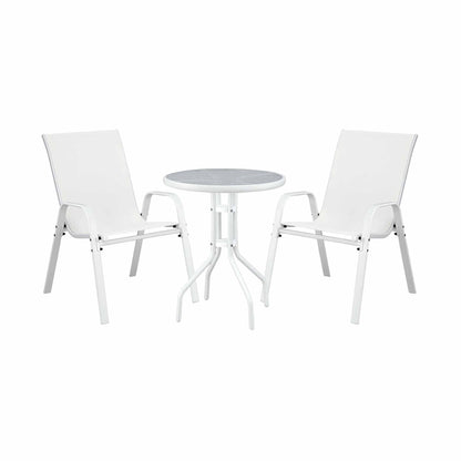 Gardeon 3PC Outdoor Bistro Set Table and Chairs Stackable Patio Furniture White