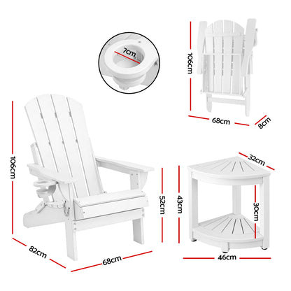 Gardeon Outdoor Table and Chairs HDPE Folding Adirondack Beach Chair Patio Furniture White