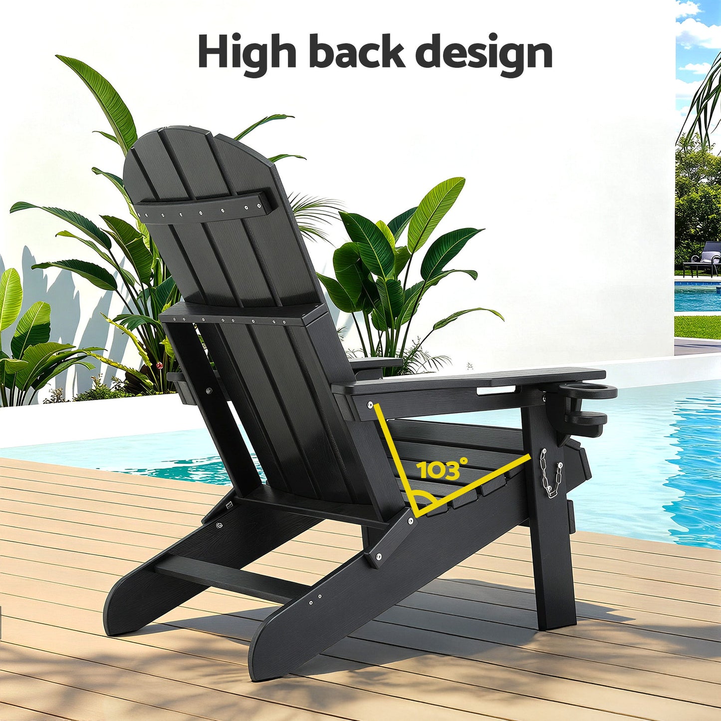Gardeon Outdoor Chairs Folding Adirondack Beach Chair HDPE Sun Lounge Patio Furniture Garden Black