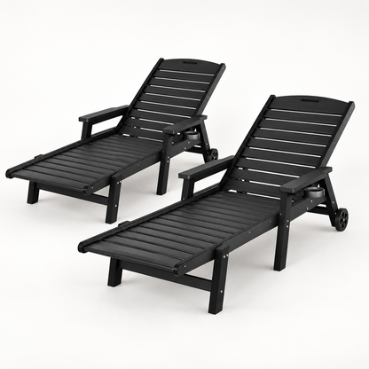 Gardeon 2PCS Sun Lounge Lounger Beach Chair HDPE Patio Outdoor Furniture with Wheels Black