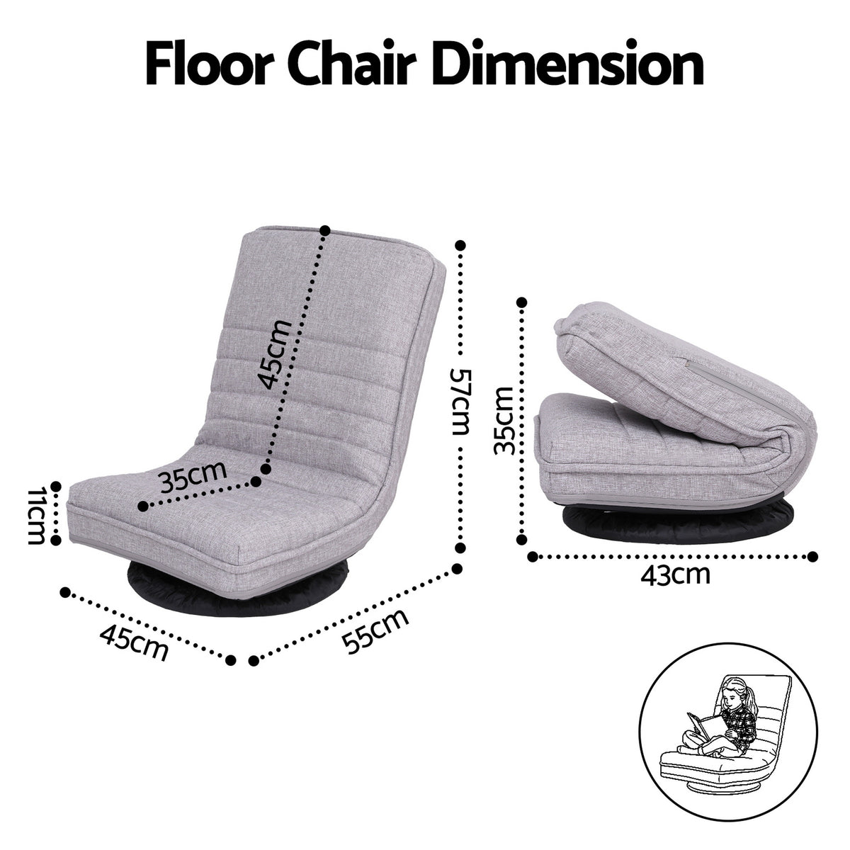 Ariss Swivel Floor Chair 360 Adjustable Foldable Lounge Seat Floor Sofa Chair Grey