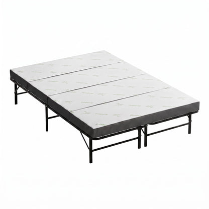 Giselle Double Folding Bed with Mattress 4 Fold Metal Frame Guest Bed Bamboo Cover