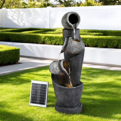 Gardeon Solar Fountain Water Feature Cascading Fountain 3-Tier Pot LED Lights 80CM Grey