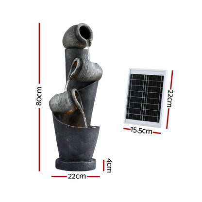 Gardeon Solar Fountain Water Feature Cascading Fountain 3-Tier Pot LED Lights 80CM Grey