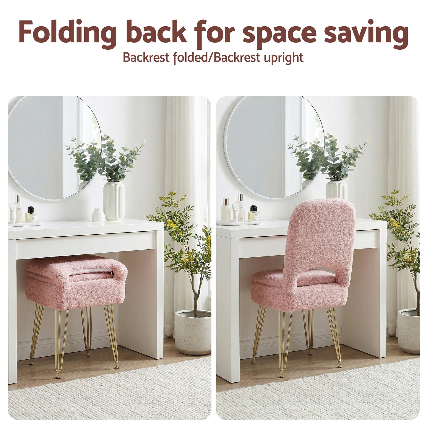 Artiss Storage Ottoman Vanity Stool Foot Stool Folding Back Pink