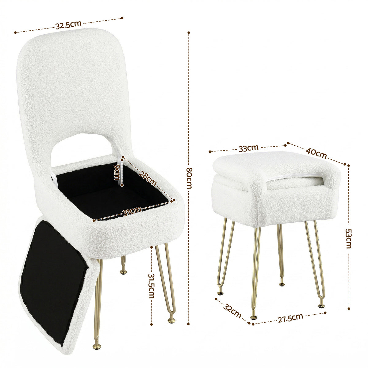 Artiss Storage Ottoman Vanity Stool Foot Stool Folding Back White