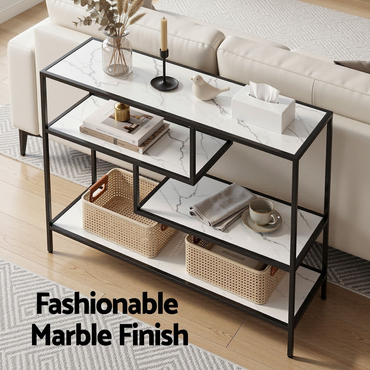 Artiss Console Table Entryway Hallway Marble Effect 4-Tier Storage Shelves White