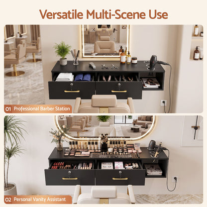 Artiss Wall Mounted Salon Station Cabinet, Hair Styling Station with 2 Lockable Drawers & 3 Appliance Holders, Wooden Barber Spa Equipment for Vanity, Black