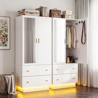 Artiss LED Wardrobe Cabinet Clothes Storage with Mirror 2 Drawers Hanging Rail