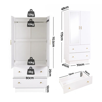 Artiss LED Wardrobe Cabinet Clothes Storage with Mirror 2 Drawers Hanging Rail